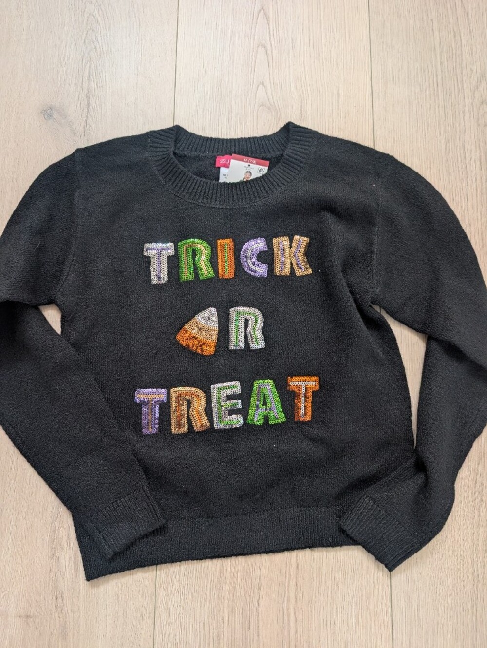 0167 Girls Black 'Trick R Treat' Sequin Holiday Sweater